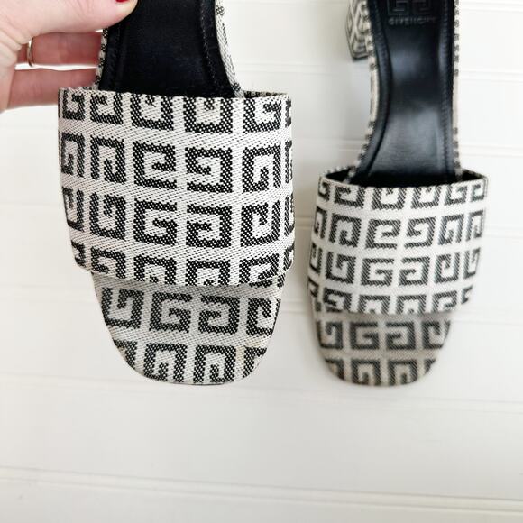 Givenchy 4G Monogram Canvas Slide Mules Black Gray Block Heel Sandals 40 - Picture 3 of 10